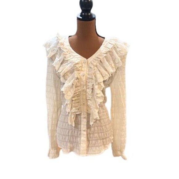 S. Fashion Tops - VINTAGE S. Fashion Off-White Sheer Crepe Blouse with Lace Ruffles - Small